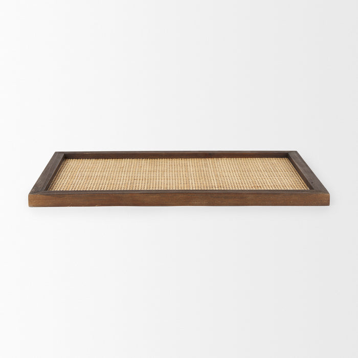 Silas Cane and Medium Brown Wood Rectangular Tray
