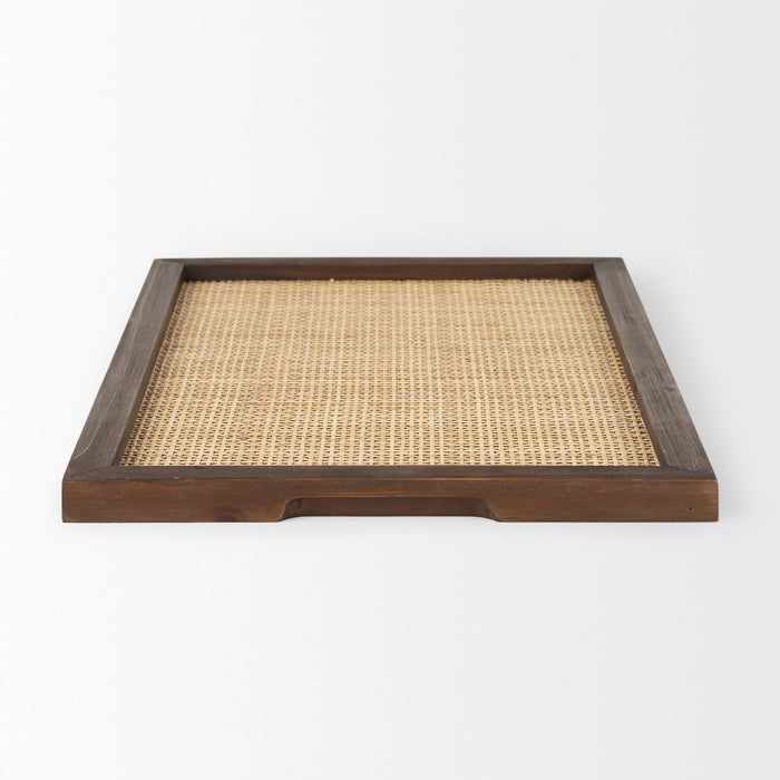 Silas Cane and Medium Brown Wood Rectangular Tray