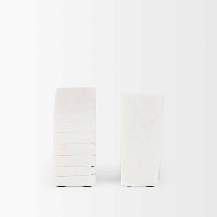Stept White Marble Bookends w/rough carving (set of 2)