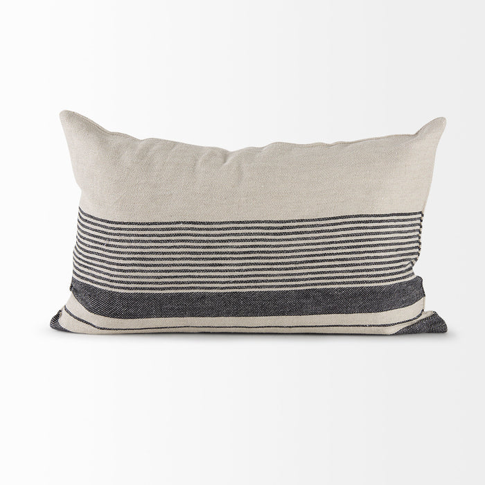 Thalia 13L x 21W Black and Beige Fabric Striped and Fringed Decorative Pillow Cover