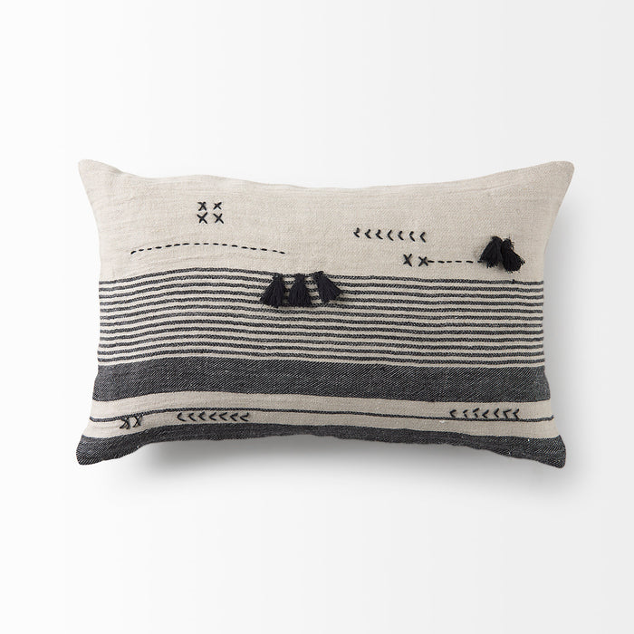 Thalia 13L x 21W Black and Beige Fabric Striped and Fringed Decorative Pillow Cover