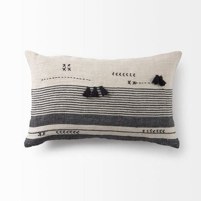 Thalia 13L x 21W Black and Beige Fabric Striped and Fringed Decorative Pillow Cover