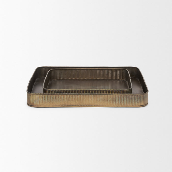 Varun Square Antiqued Brass Metal Tray (Set of 2)