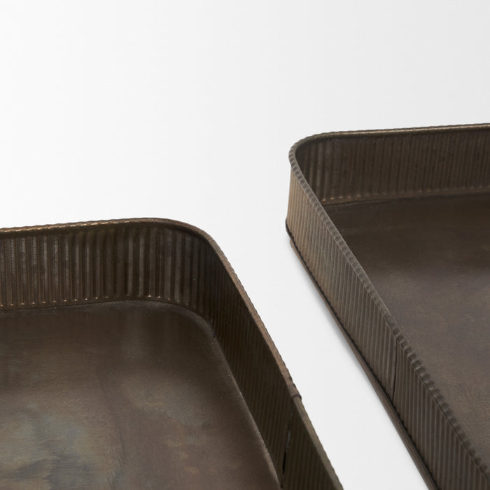 Varun Square Antiqued Brass Metal Tray (Set of 2)