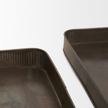 Varun Square Antiqued Brass Metal Tray (Set of 2)