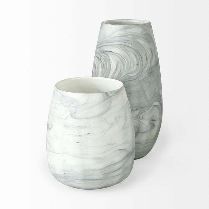 Volta I Short Gray Cream Glass Abstract Pattern Vase